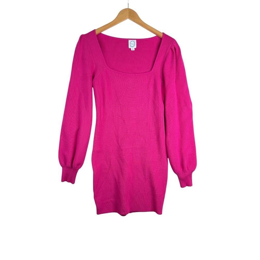 Blue‎ Rain Long Puff Sleeve Ribbed Square Neckline Sweater Dress size Large Pink